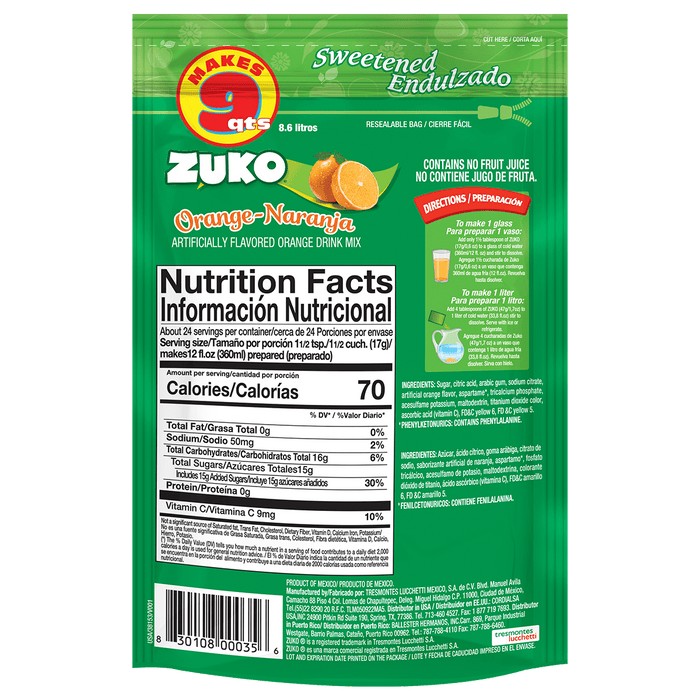 Zuko Drink Mix Orange Individual Pack, 24 Count, 0.9 oz