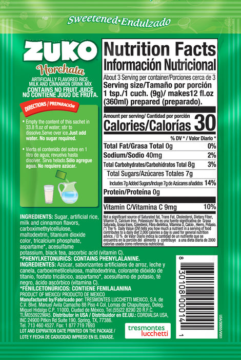 Zuko Drink Mix Horchata Individual Pack, 24 Count, 0.9 oz