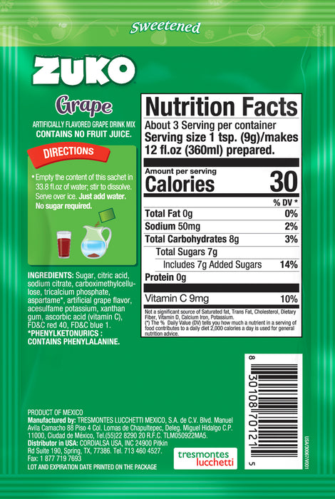 Zuko Drink Mix Grape Individual Pack, 24 Count, 0.9 oz