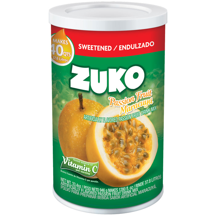 front picture green and yellow canister of Zuko passion fruit flavor