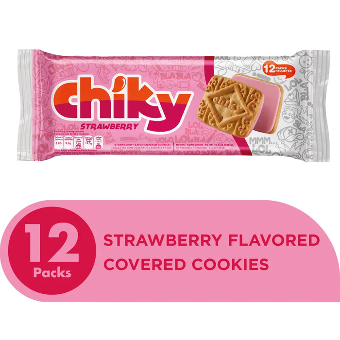 Chiky, Strawberry Cookies, Bag 16.9 Oz, Each Bag contains, 12 inner packs of 6 cookies, A crisp vanilla cookie, dipped in Strawberry chocolate, pack of 12.