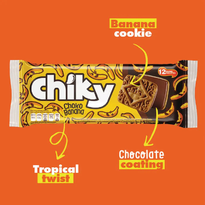 Chiky, Choco Banana Cookies, Bag 16.9 Oz, a crisp chocolate flavored cookie, with a Cappuccino flavored covering, contains 12 inner packs, of 6 cookies each.