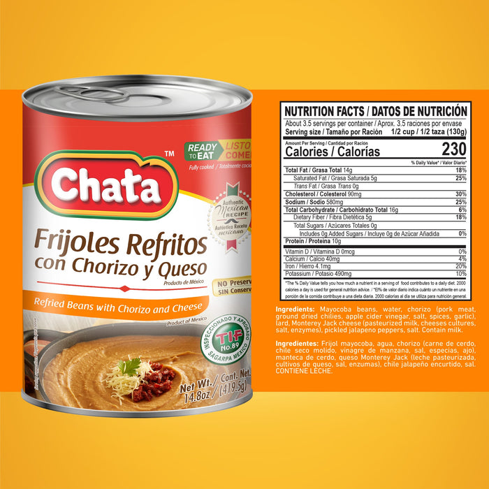 Chata Frijoles Refritos Con Chorizo Y Queso Lata 14.8 Oz