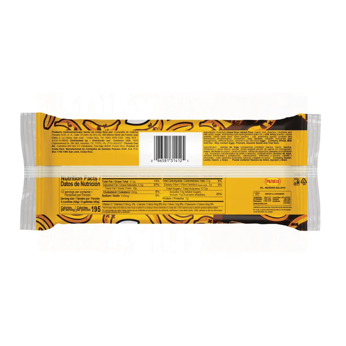 Chiky, Choco Banana Cookies, Bag 16.9 Oz, a crisp chocolate flavored cookie, with a Cappuccino flavored covering, contains 12 inner packs, of 6 cookies each.