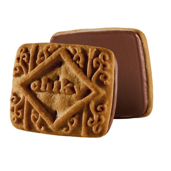 Chiky, Choco Banana Cookies, Bag 16.9 Oz, a crisp chocolate flavored cookie, with a Cappuccino flavored covering, contains 12 inner packs, of 6 cookies each.