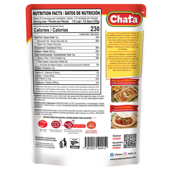 Chata Refried Beans With Chorizo & Cheese Pouch, 15.2 oz