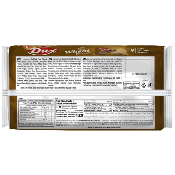 Dux Wheat Bran Crackers Bag, 9 Count, 8.8 oz