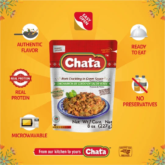 Chata, Pork Crackling In Green Sauce, Pouch 8 Oz, high-quality ingredients, authentic Mexican food, no refrigeration required.