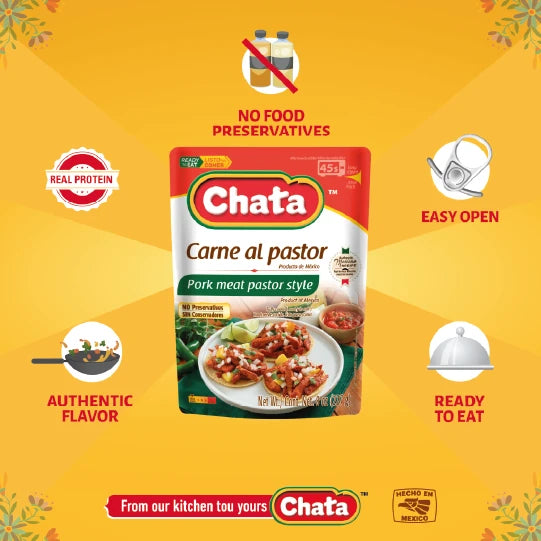 Chata, Pork Meat Pastor Style, Pouch 8 Oz, high-quality ingredients, authentic Mexican food, no refrigeration required.