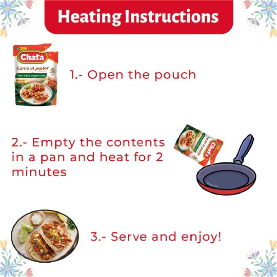 Chata, Pork Meat Pastor Style, Pouch 8 Oz, high-quality ingredients, authentic Mexican food, no refrigeration required.