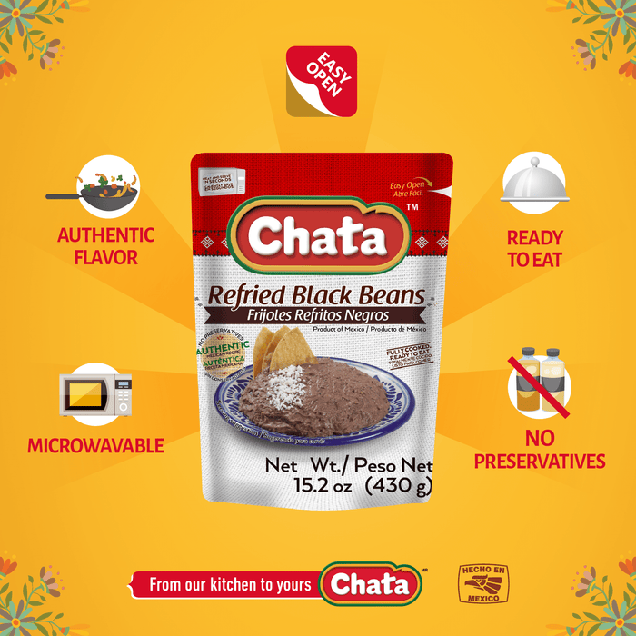 Refried Black Beans are a traditional Mexican dish, No refrigeration required, bag 15.2 Oz