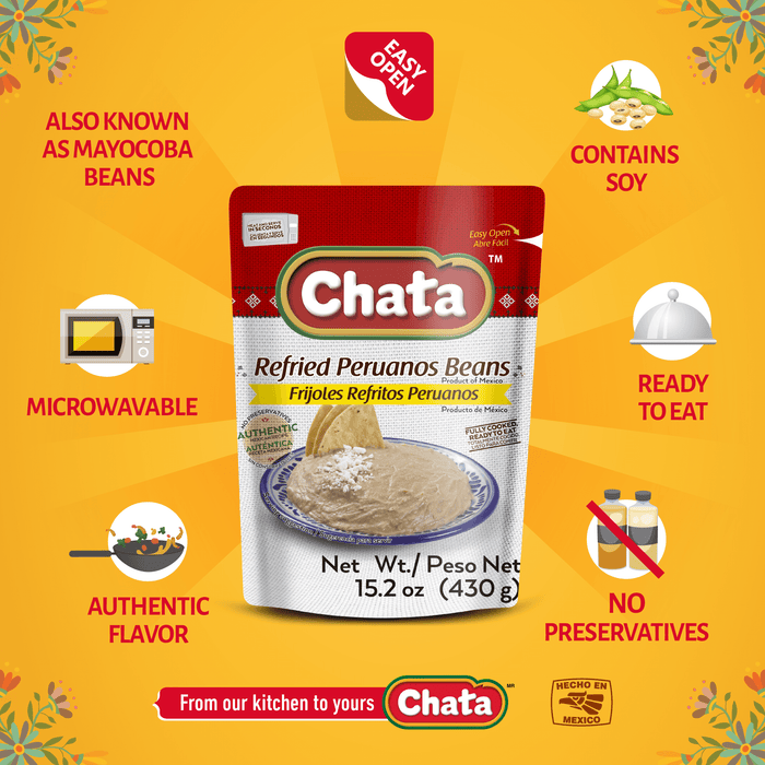 Chata, Refried Peruano Beans, Mayocoba, Pouch 15.2 Oz, high-quality ingredients, authentic Mexican food, no refrigeration required.