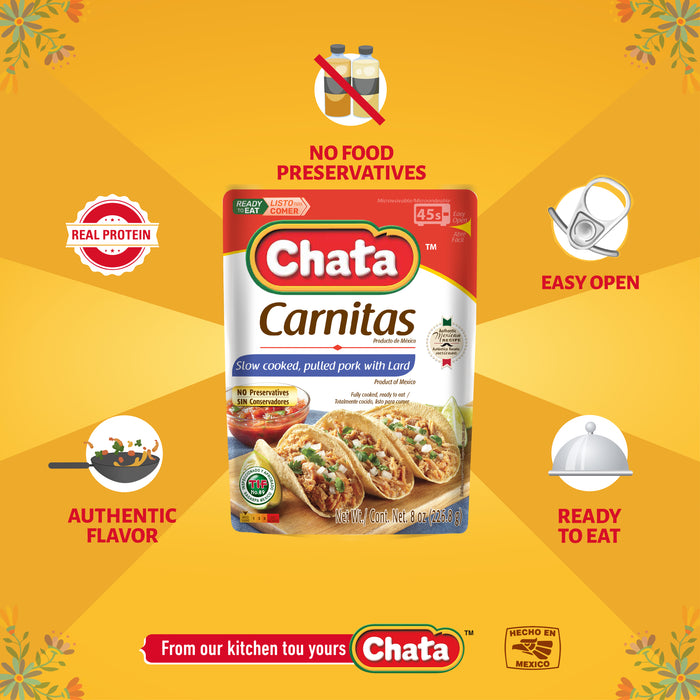 Chata, Pork Carnitas, Pouch 8oz, easy as to heat, high protein