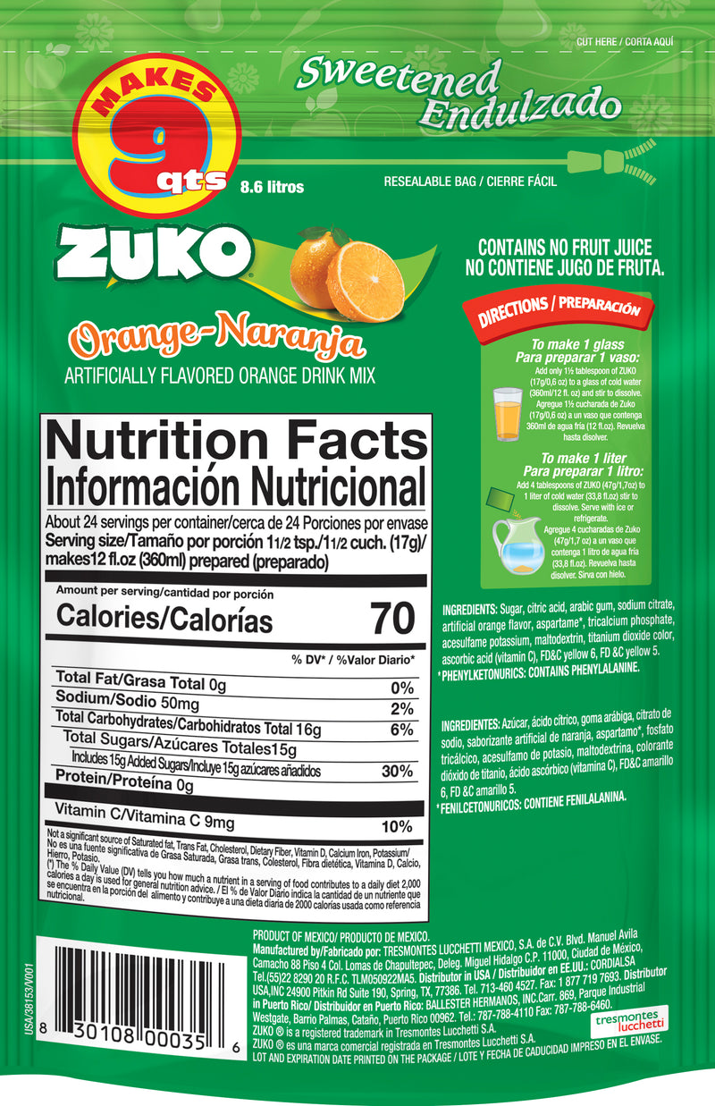 Zuko Drink Mix Orange Family Pack, 14.1 oz, Pack of 6