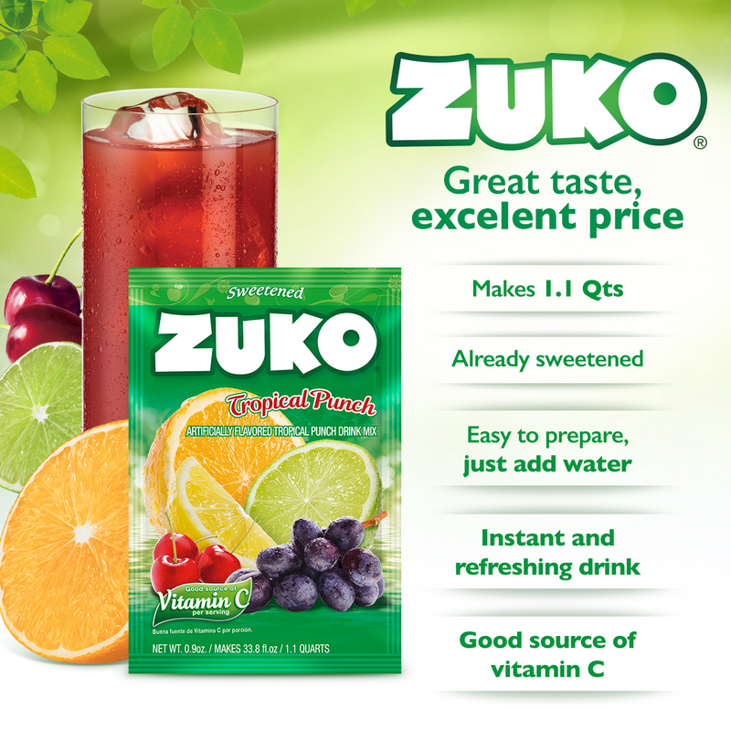 Zuko Drink Mix Tropical Punch Individual Pack, 24 Count, 0.9 oz