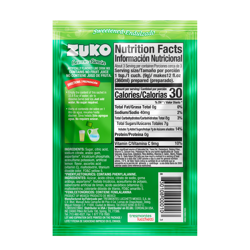 Zuko Drink Mix Lime Individual Pack, 24 Count, 0.9 oz
