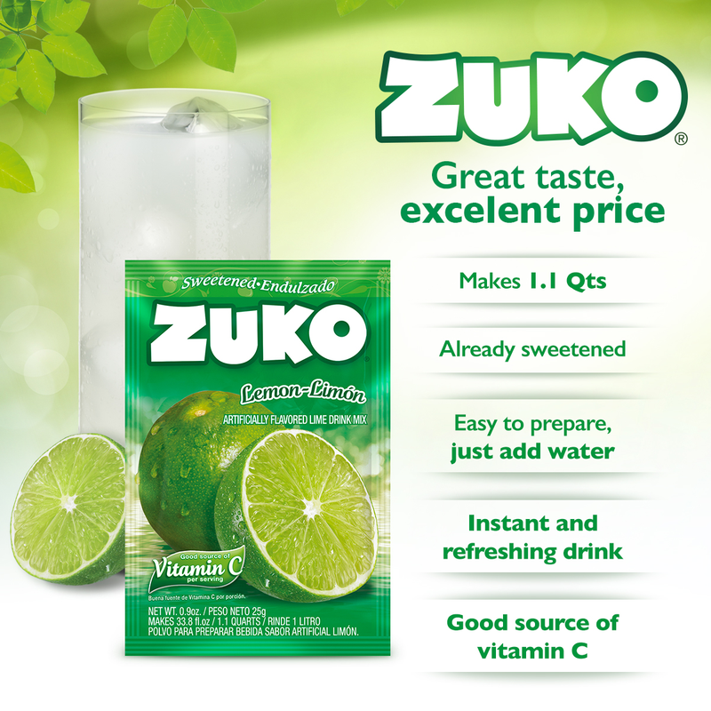 Zuko Drink Mix Lime Individual Pack, 24 Count, 0.9 oz