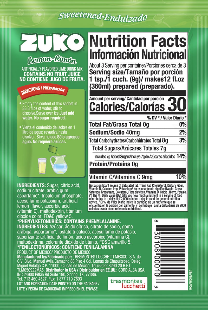 Zuko Drink Mix Lime Individual Pack, 24 Count, 0.9 oz