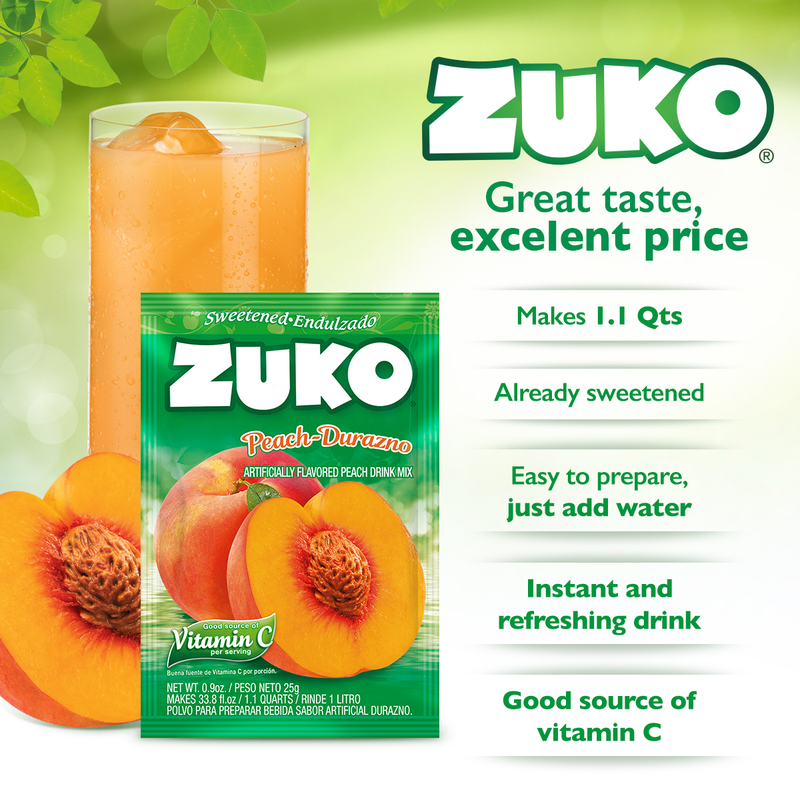 Zuko Drink Mix Peach Individual Pack, 24 Count, 0.9 oz