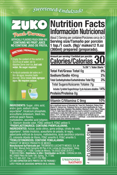 Zuko Drink Mix Peach Individual Pack, 24 Count, 0.9 oz