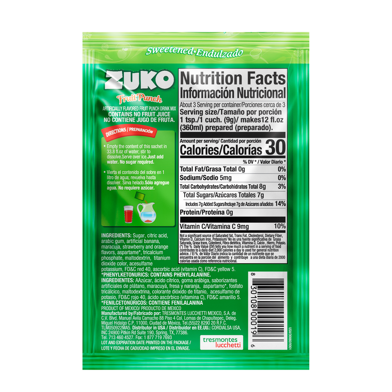 Zuko Drink Mix Fruit Punch Individual Pack, 24 Count, 0.9 oz