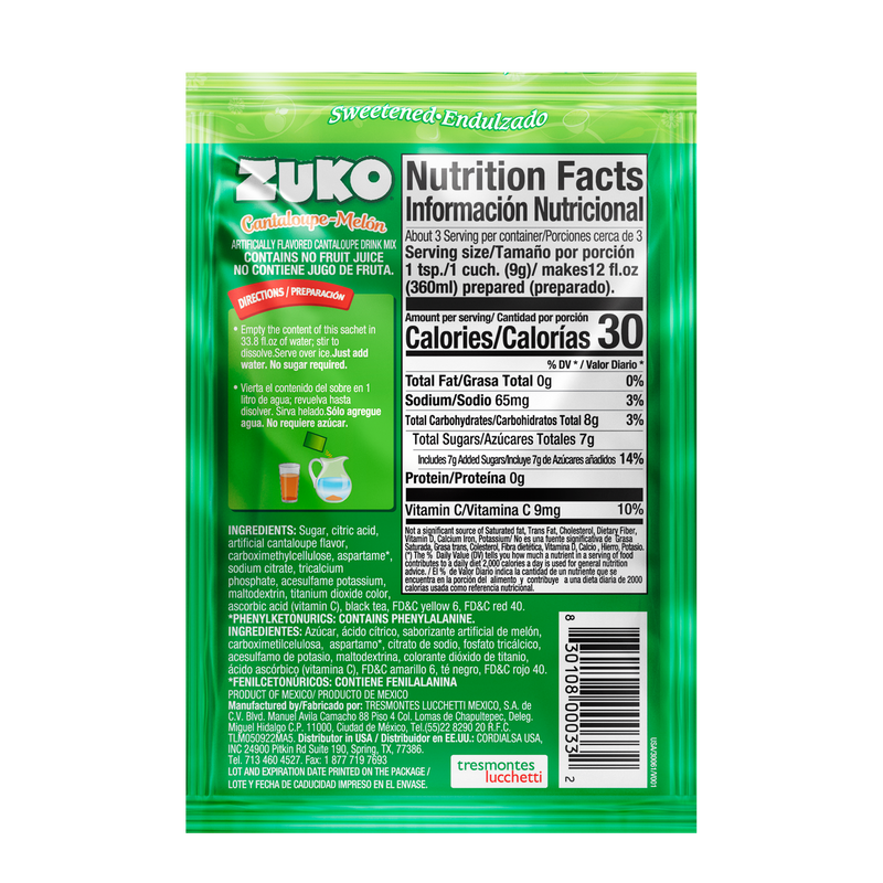 Zuko Drink Mix Cantaloupe Individual Pack, 24 Count, 0.9 oz