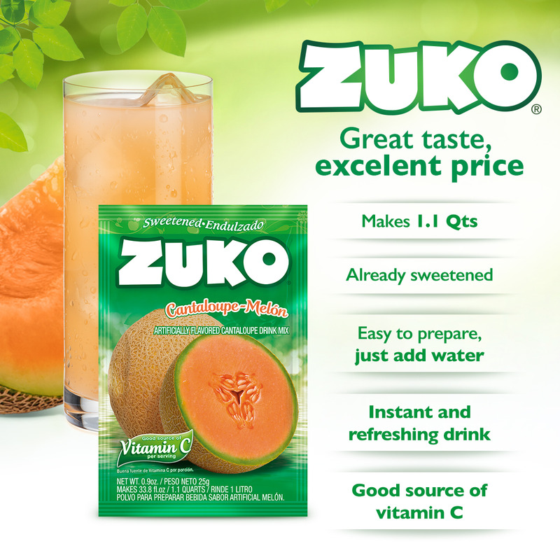 Zuko Drink Mix Cantaloupe Individual Pack, 24 Count, 0.9 oz