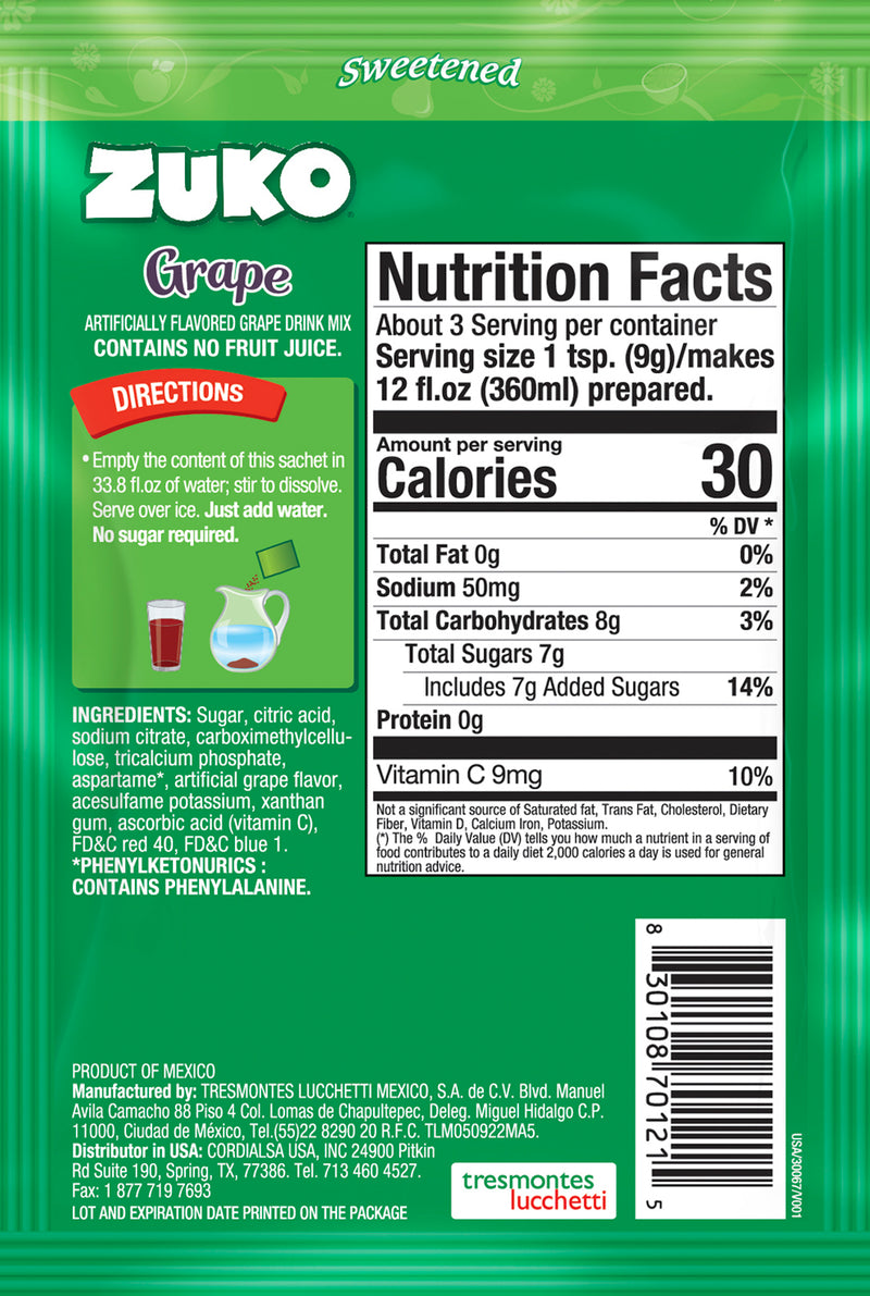 Zuko Drink Mix Grape Individual Pack, 24 Count, 0.9 oz