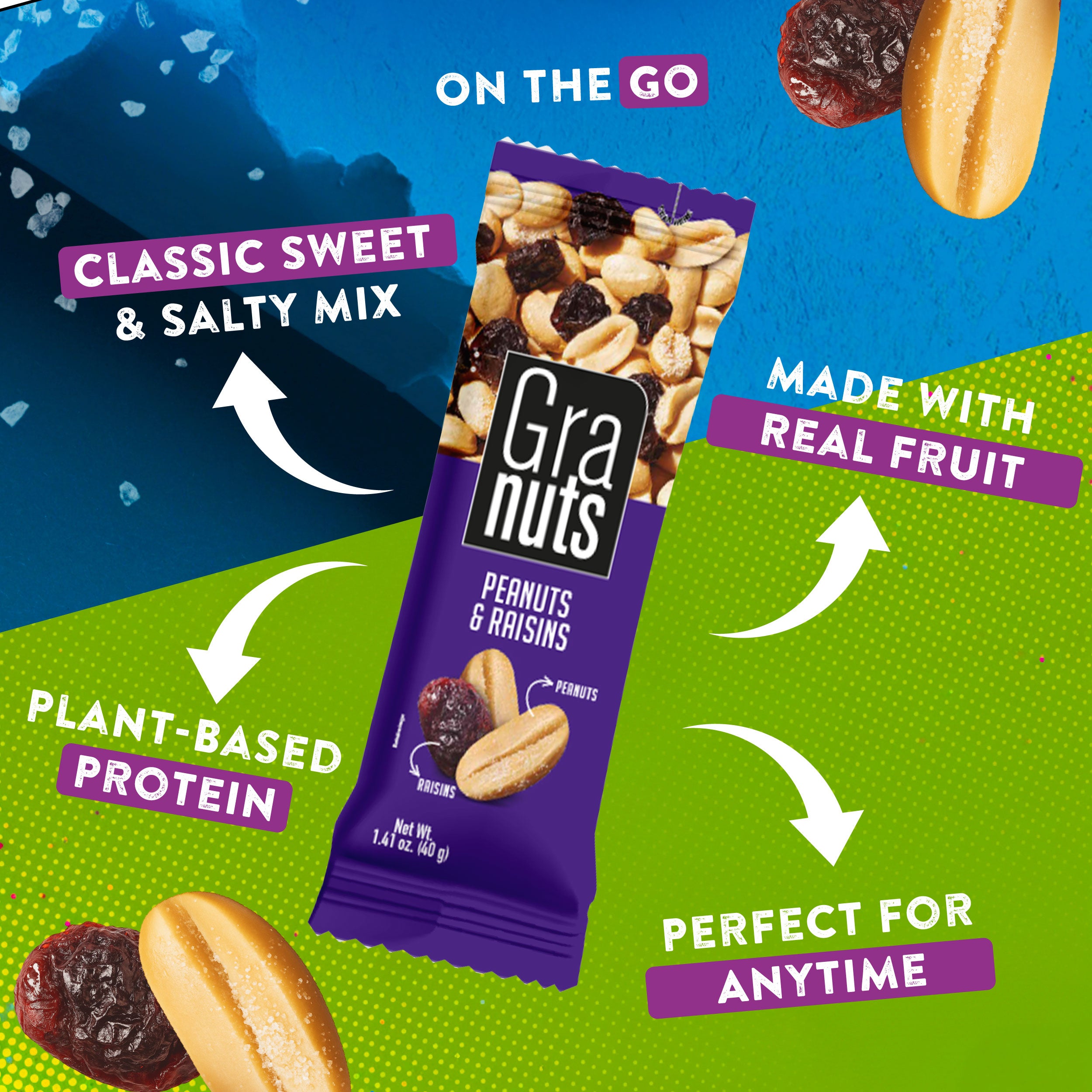 Granuts, Peanuts and Raisins, 12 Snack Packs, 1.41 oz — Cordialsa USA