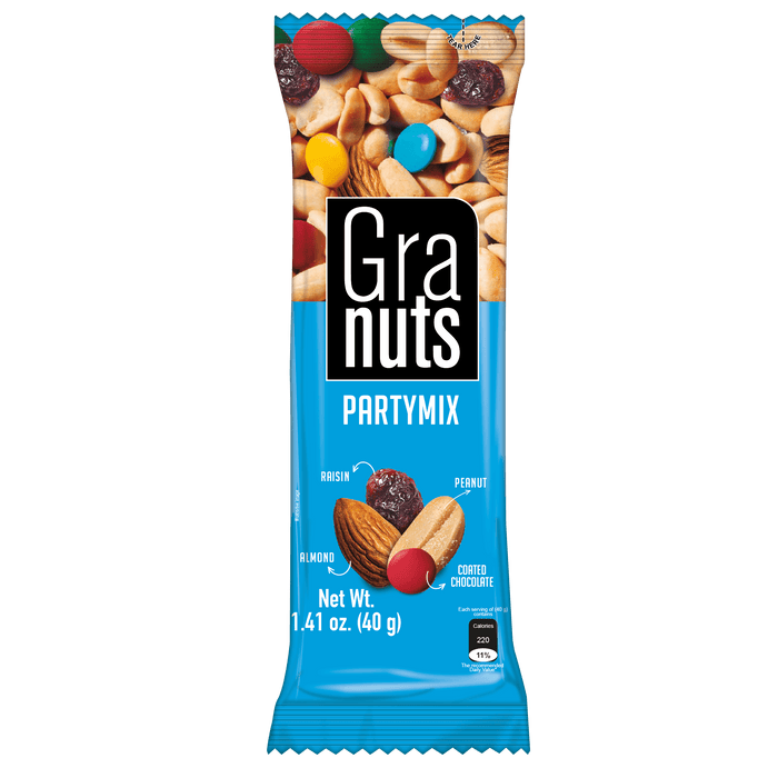 Granuts Party Mix, Peanuts, Raisins, Almonds & Chocolate, 12 Count, 1.41 oz