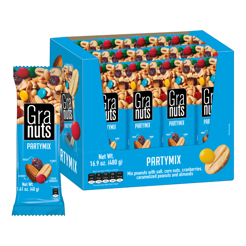 Granuts Party Mix, Peanuts, Raisins, Almonds & Chocolate, 12 Snack Packs, 1.41 oz