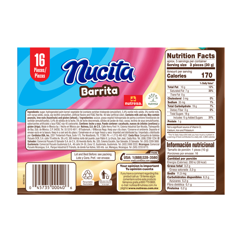 Nucita Barrita Tri-Sabor Box, 16 Pieces, 5.6 oz