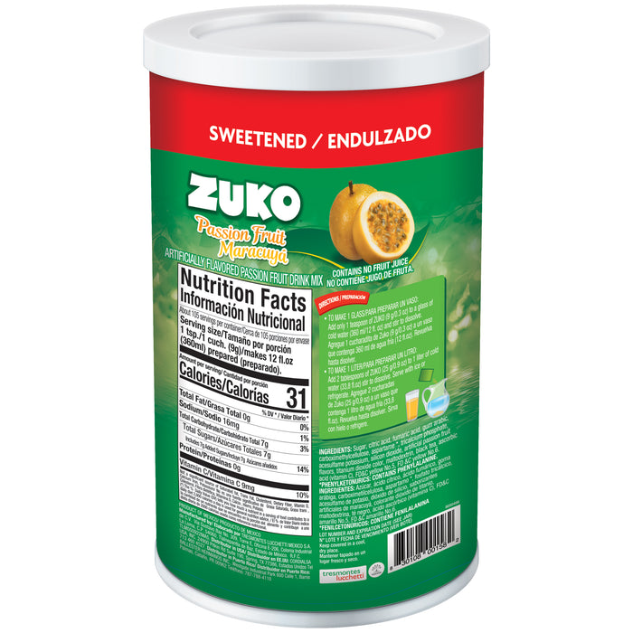 Zuko Passion Fruit Instant Powder Drink Canister, No Sugar Needed, 33.4 Oz