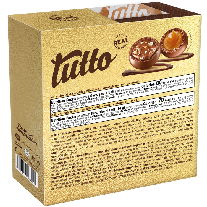 Tutto, Chocolate Truffles Selection, 4 Pieces per Box, 1.9 oz. Back.