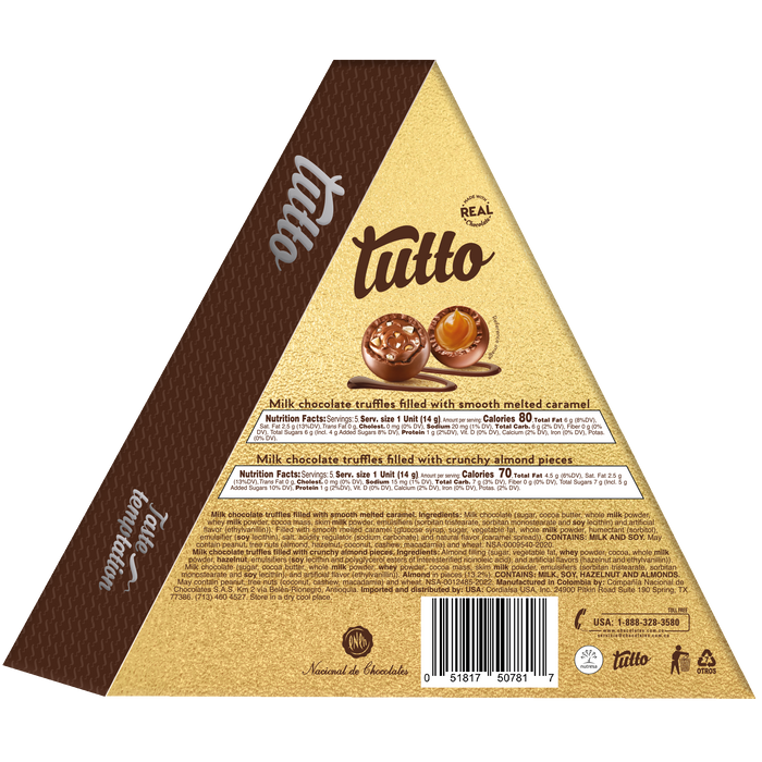 Tutto Chocolate Truffles Selection, 10 Pieces per Triangle, 4.76 oz. Back.