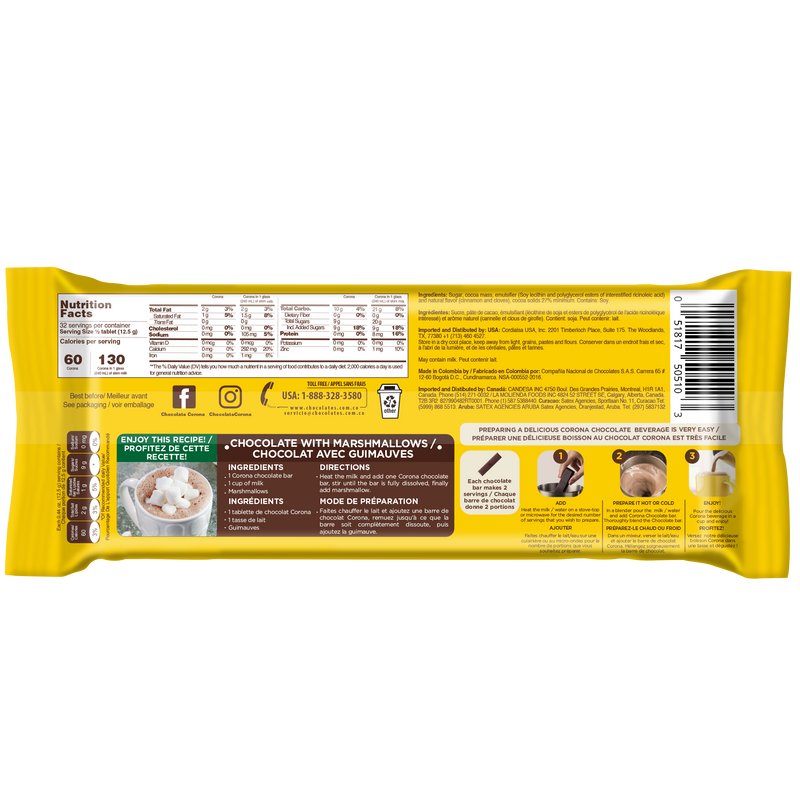 Barra de chocolate dulce Corona 17.6 oz
