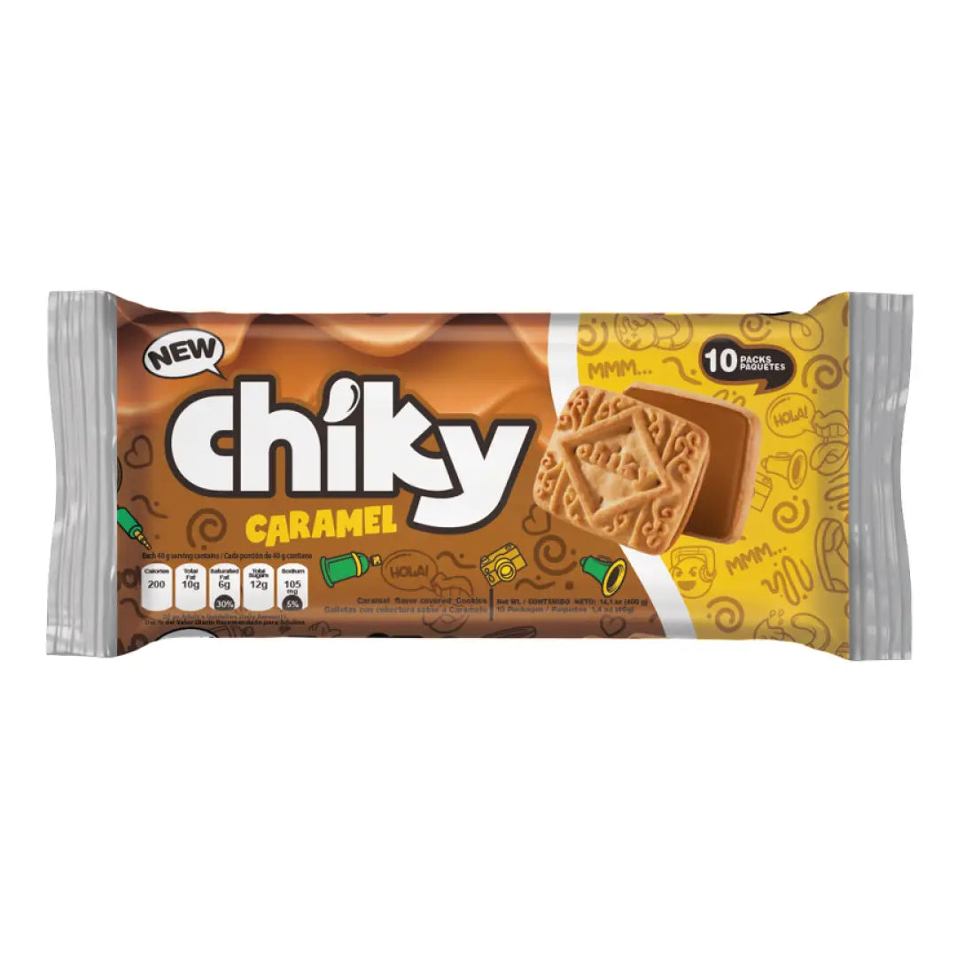 Chiky, Caramel Cookies bag 14.1 Oz, A crisp vanilla cookie, dipped in a caramel flavor, Includes 10 inner packs.