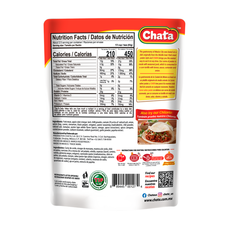 Chata Pork Meat Pastor Style Pouch, 8 oz