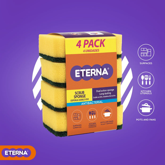 Eterna, Double Action Sponge, 4 Units, Multi Purpose, Yellow with Green Color.