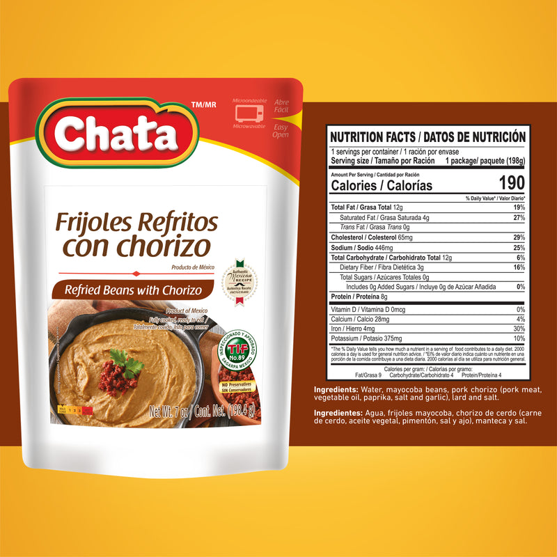 Chata Refried Beans with Chorizo Pouch, 7 oz
