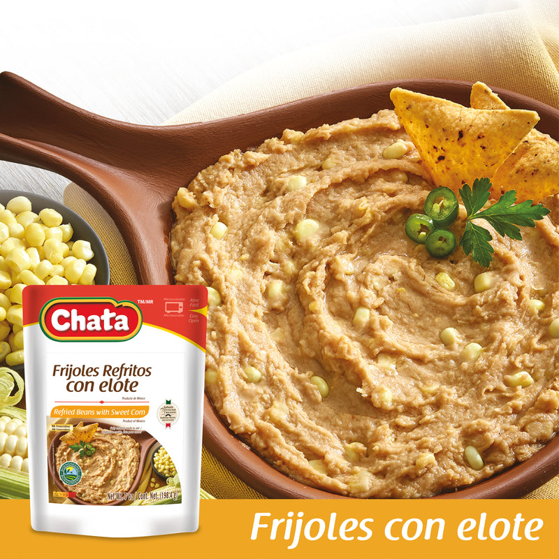 Chata Refried Beans with Corn Pouch, 7 oz