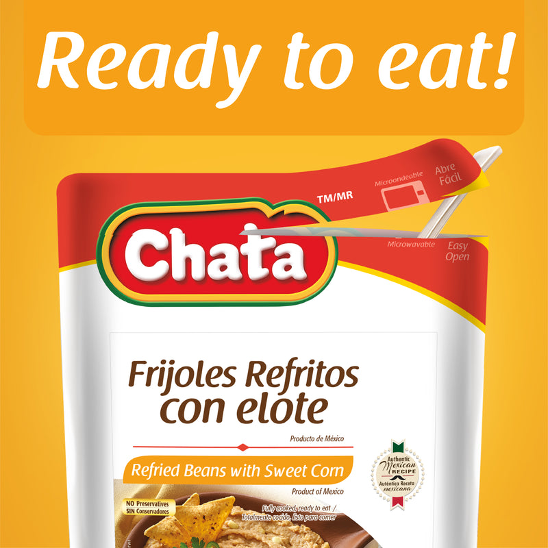 Chata Refried Beans with Corn Pouch, 7 oz