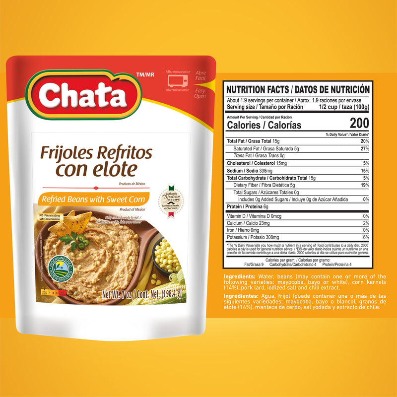 Chata Refried Beans with Corn Pouch, 7 oz