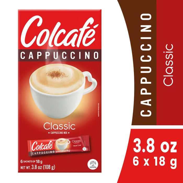 Colcafe, Cappuccino Classic, Box 3.8 Oz, 6 units, Ready in seconds, classic Cappuccino Instant, Colombian coffee