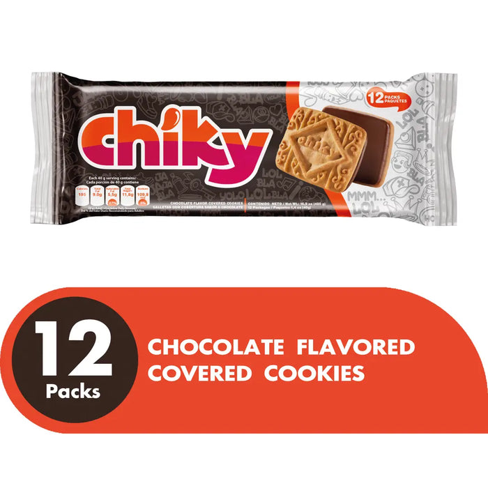 Chiky, Chocolate Cookies, Bag 16.9 Oz, A crisp vanilla cookie, dipped in chocolate, contains 12 inner packs, of 6 cookies each.