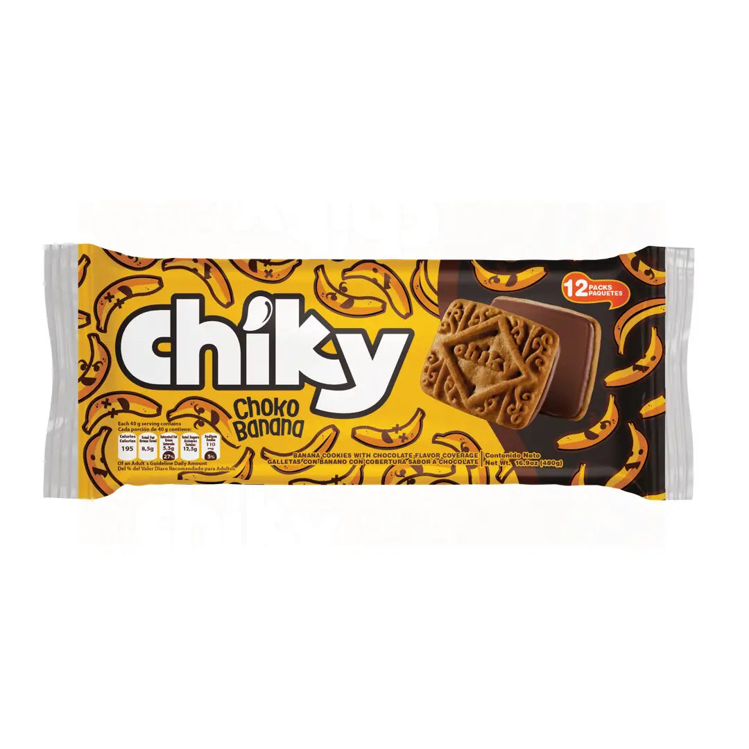 Chiky, Choco Banana Cookies, Bag 16.9 Oz, a crisp chocolate flavored cookie, with a Cappuccino flavored covering, contains 12 inner packs, of 6 cookies each.