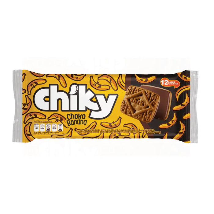 Chiky, Choco Banana Cookies, Bag 16.9 Oz, a crisp chocolate flavored cookie, with a Cappuccino flavored covering, contains 12 inner packs, of 6 cookies each.