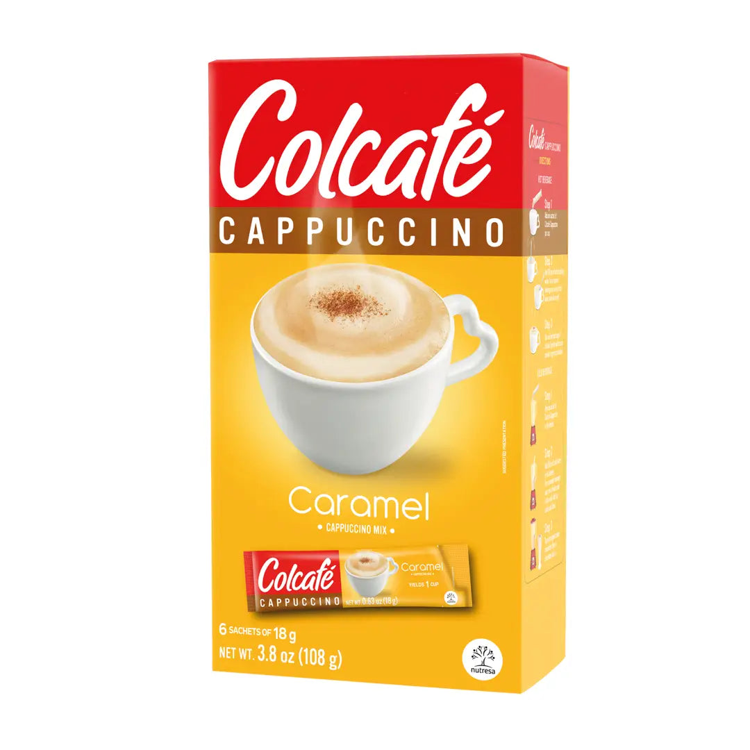 Colcafe, Cappuccino Caramel, Box 3.8 Oz, 6 units, Ready in seconds, Cappuccino Instant, Colombian coffee