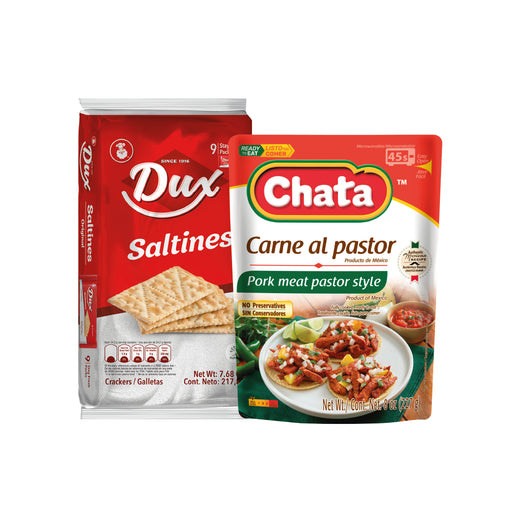 COMBO Dux Salted, Crackers Bag, 7.6 Oz and Chata Pork Meat Pastor Style Pouche, 8 Oz