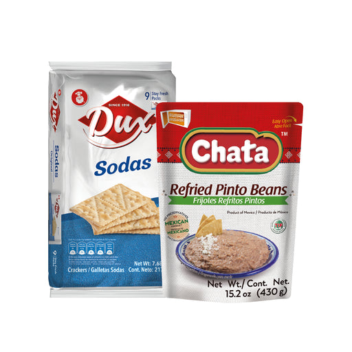 COMBO Dux Sodas, Crackers Bag, 7.6 Oz, 9 ct and Chata Refried Pinto Beans Pouch, 15.2 Oz
